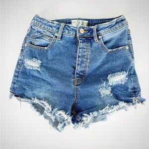 Free People We The Free Distressed High-Rise Denim Shorts - Blue